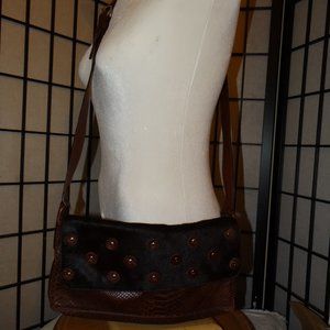 ENTRA Dark Brown Reptile Print Leather Shoulder Crossbody Bag/Calf Hair Flap